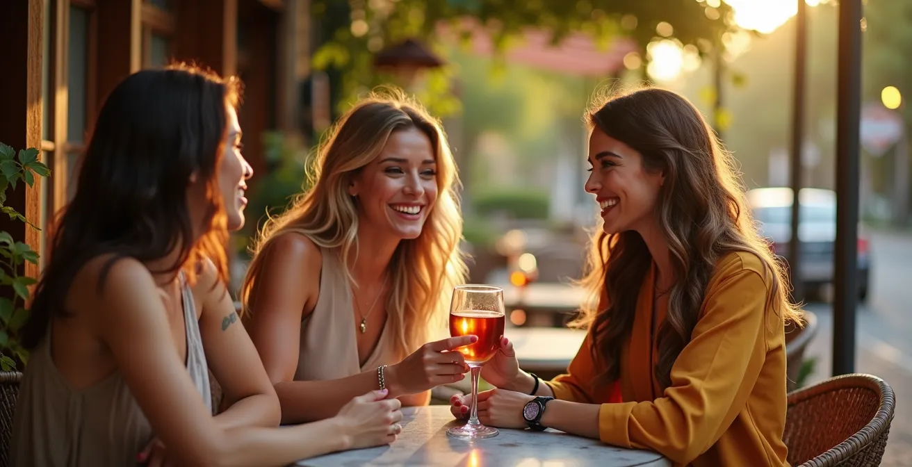 Vibrant social scene with elegantly dressed women in a chic outdoor café during a glamorous mid-20th century Saint-Tropez evening