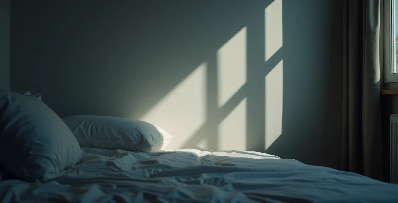 Minimalistic environmental photo of a dark, softly lit room with shadows suggesting restlessness