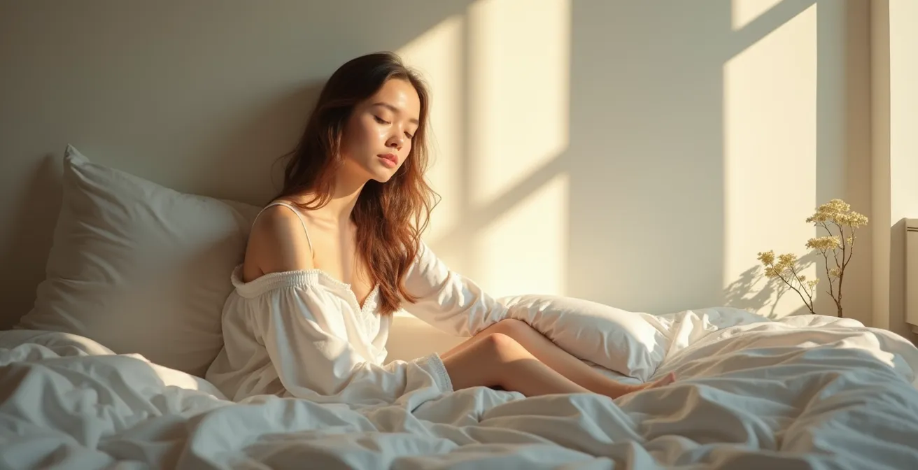 Portrait of a peaceful woman awakening in soft natural light, serene expression, calm bedroom with clean composition and negative space