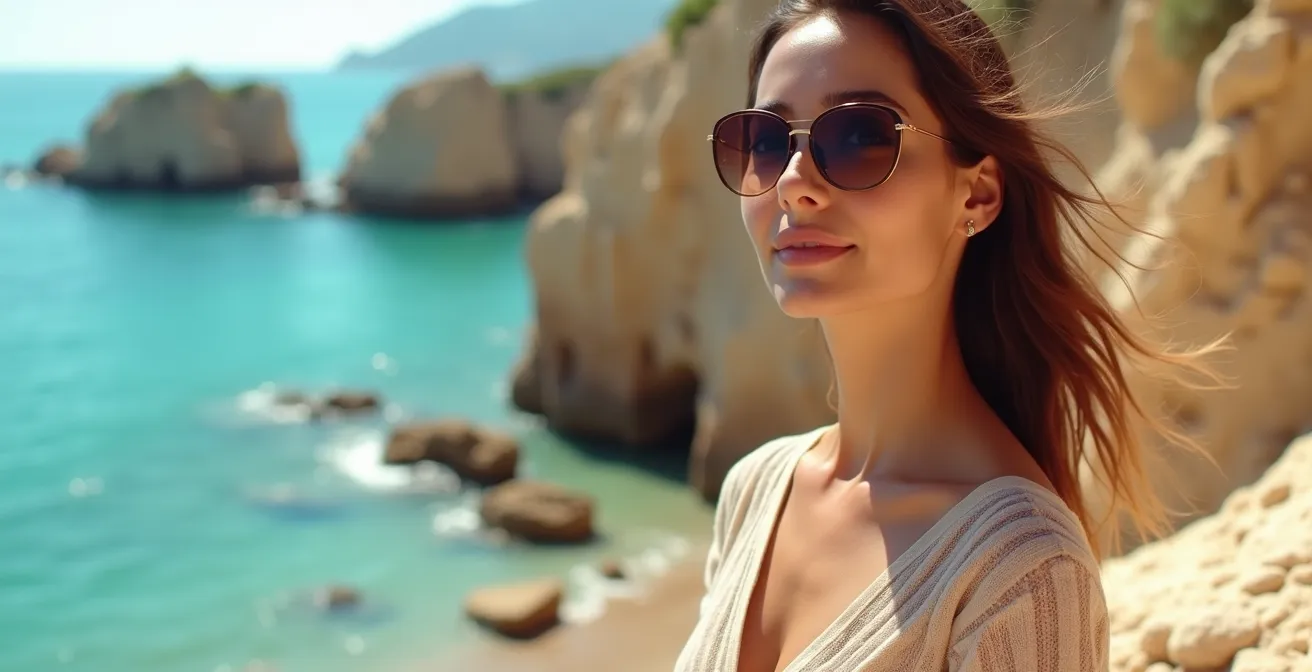 A sunlit elegant coastal scene with sophisticated women from different eras enjoying a serene Saint-Tropez beach, showcasing natural textures, cinematic lighting and soft bokeh
