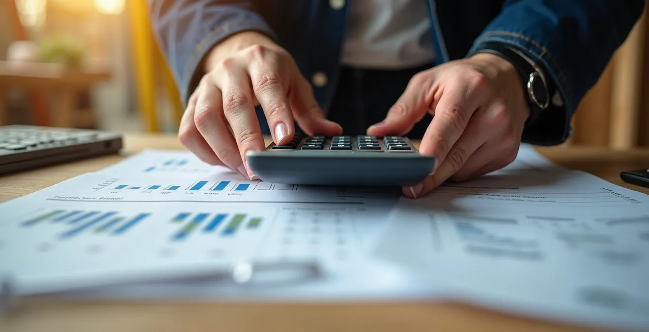 Close-up of hands reviewing financial calculations on construction site