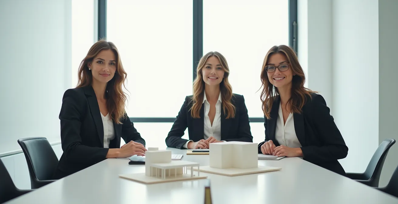 Group of women construction business owners collaborating in modern office space
