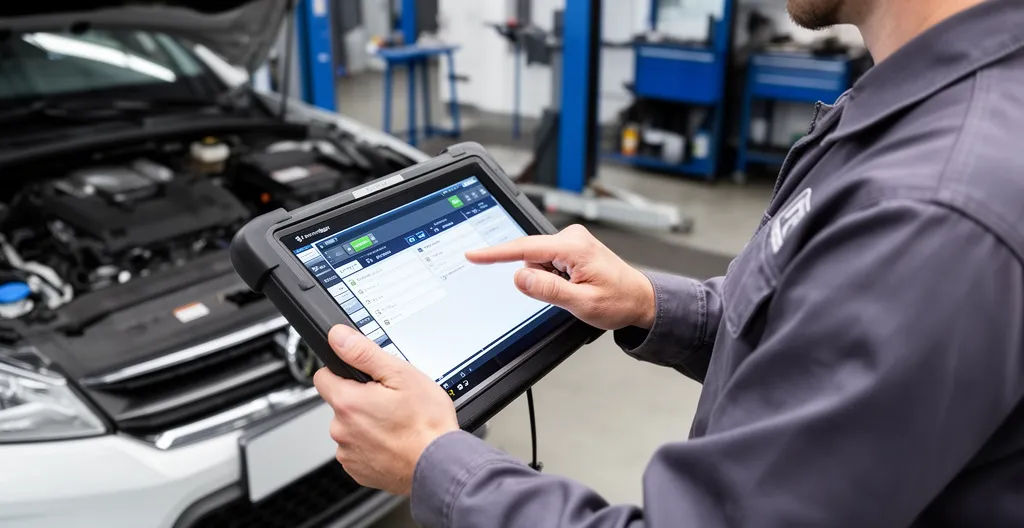 Technicien effectuant un diagnostic électronique sur véhicule équipé aftermarket