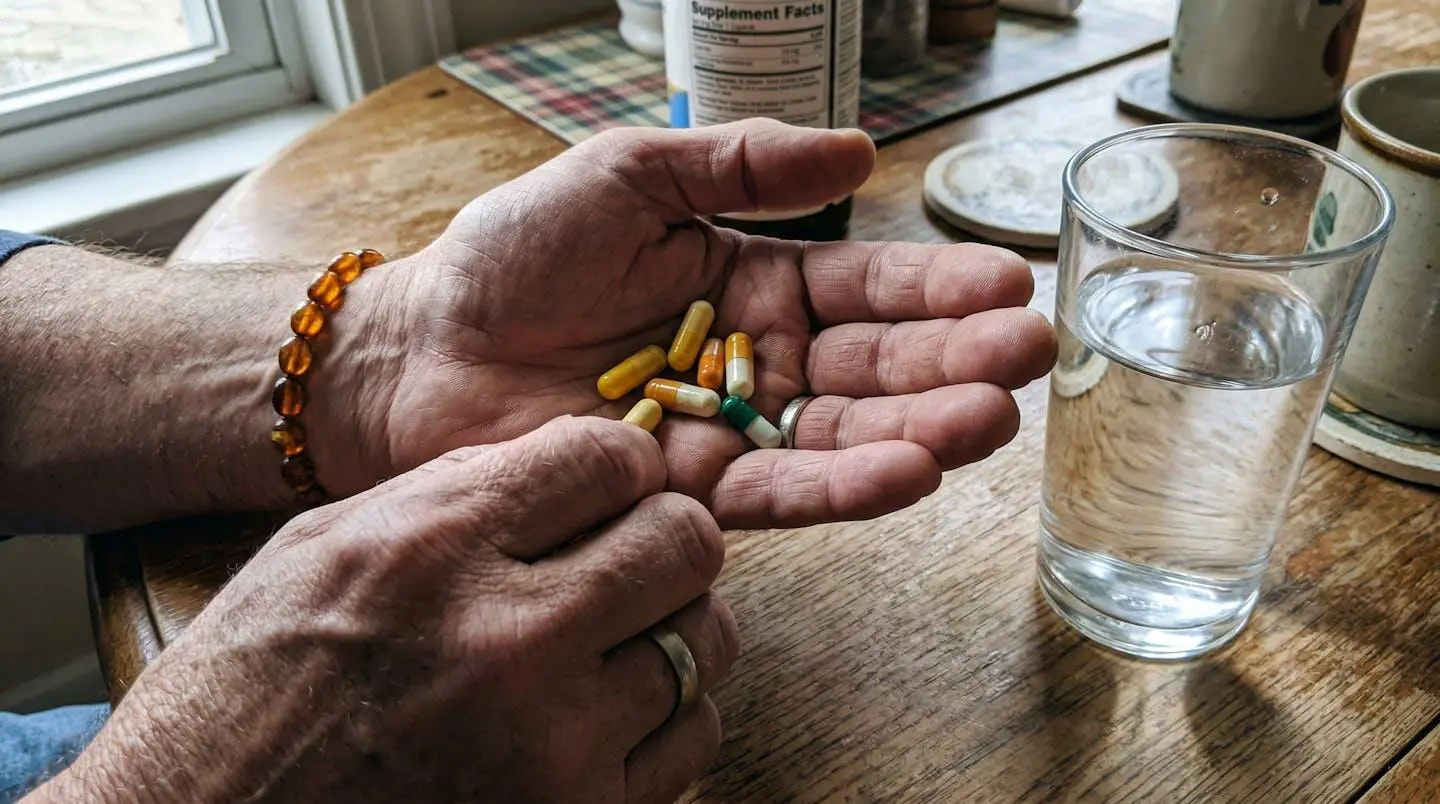 Close-up of hands holding white supplement capsules over a kitchen table with a glass of water visible