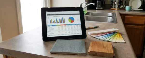 A homeowner and contractor reviewing detailed renovation blueprints together at a kitchen table, both focused on the documents spread before them