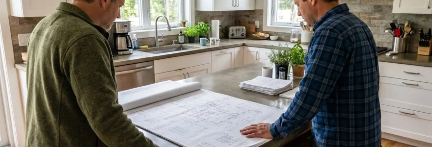 A homeowner and contractor reviewing detailed renovation blueprints together at a kitchen table, both focused on the documents spread before them