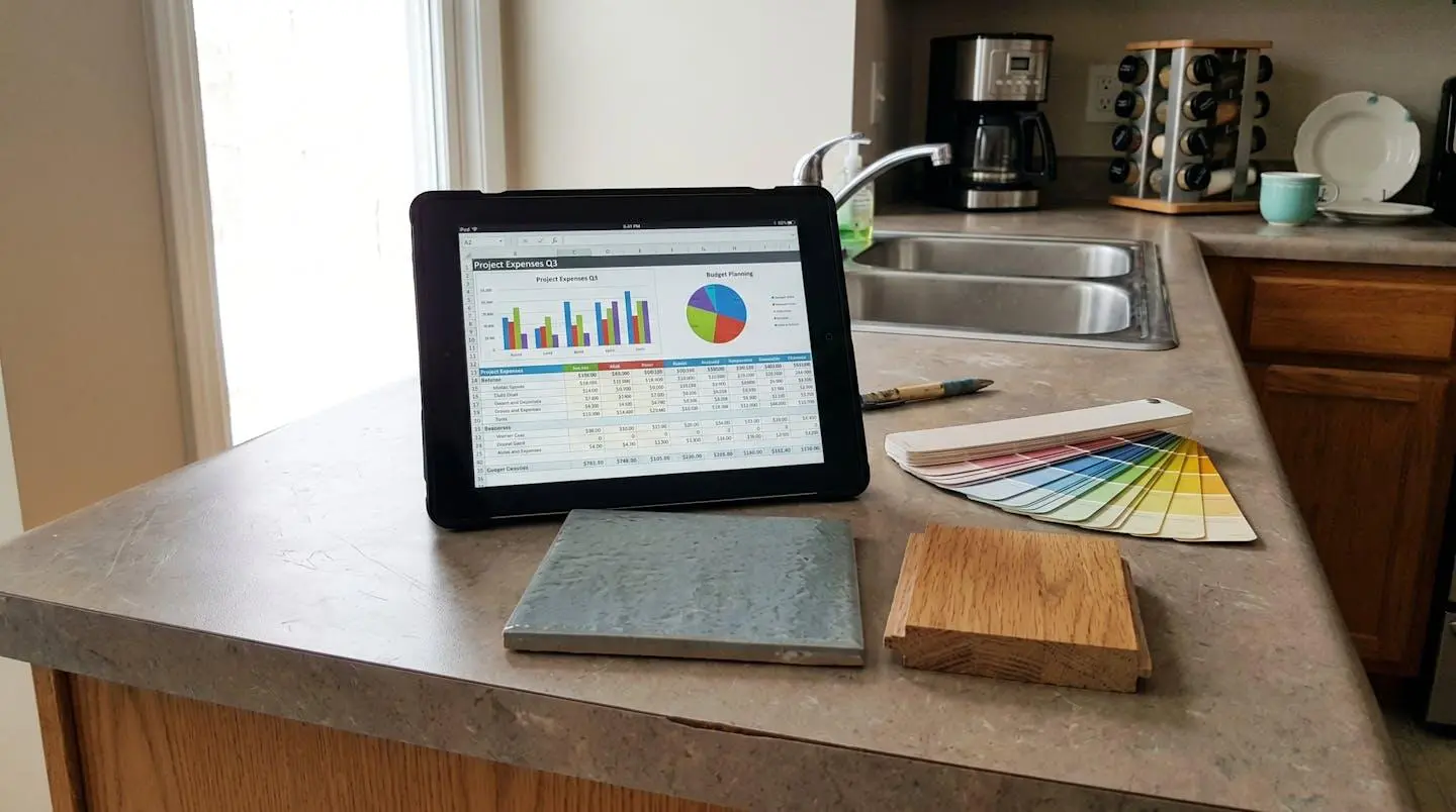 A homeowner and contractor reviewing detailed renovation blueprints together at a kitchen table, both focused on the documents spread before them