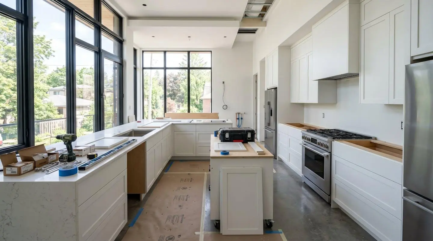 Wide-angle view of a contemporary Ottawa kitchen mid-renovation showing partially installed modern cabinetry and abundant natural light through large windows