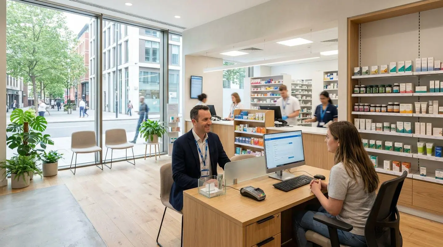 Clean contemporary pharmacy interior with soft-focus supplement bottles on shelves in natural daylight