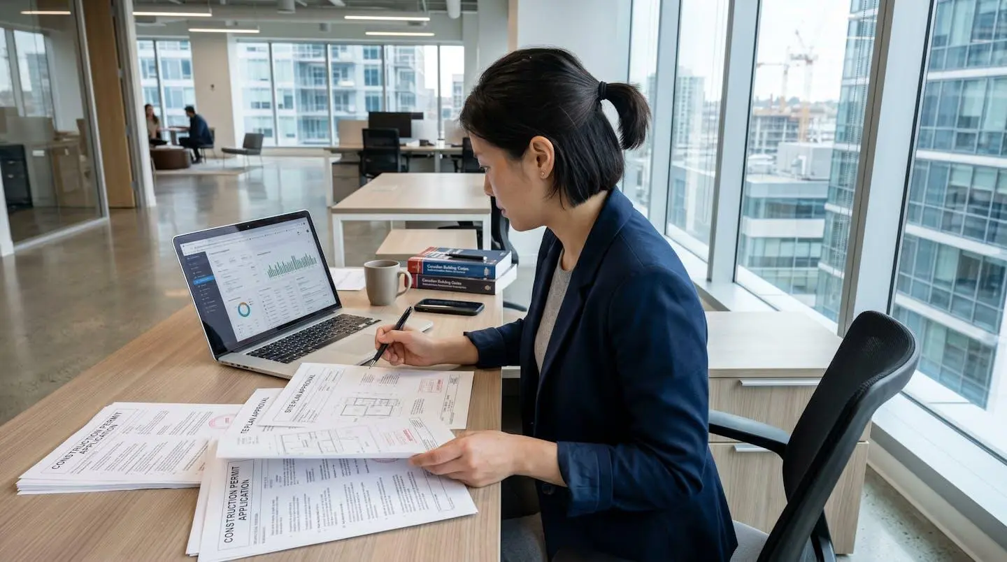 Over-the-shoulder view of someone reviewing construction documents and building code requirements at a clean modern desk