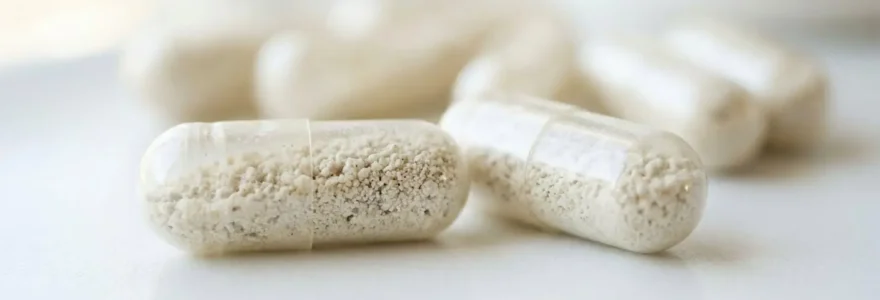 Transparent probiotic capsules resting on a clean white surface with soft natural light creating gentle shadows