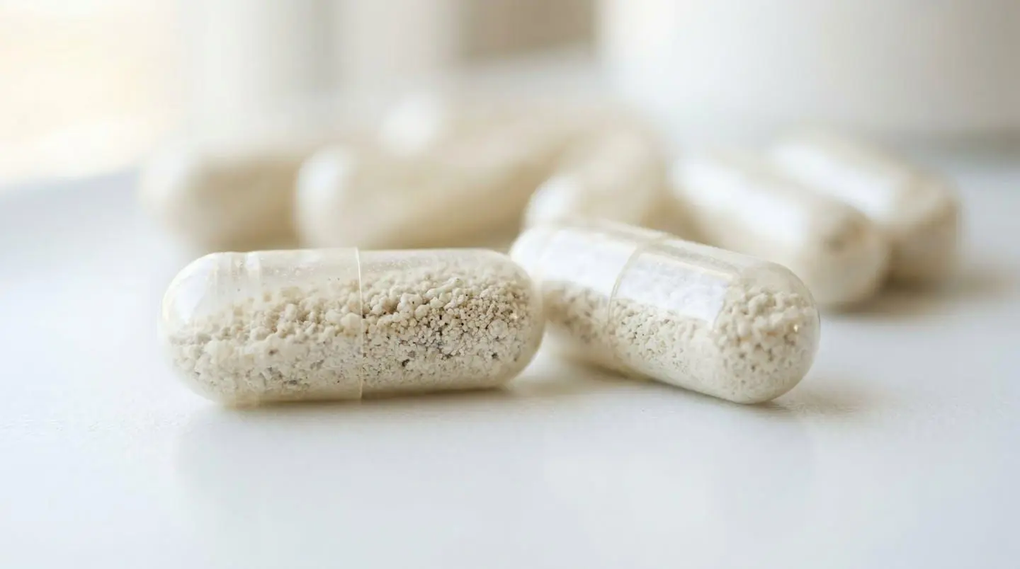 Transparent probiotic capsules resting on a clean white surface with soft natural light creating gentle shadows