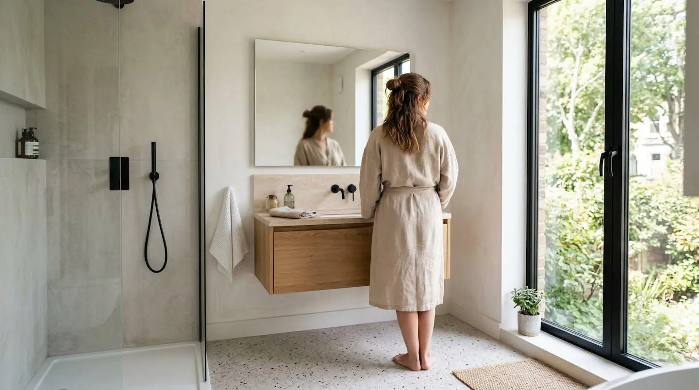 Woman viewed from behind in a contemporary bathroom holding a glass of water near a bright window