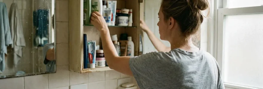 A woman reaches for supplement bottles in her bathroom cabinet during her morning routine, soft natural light from a window