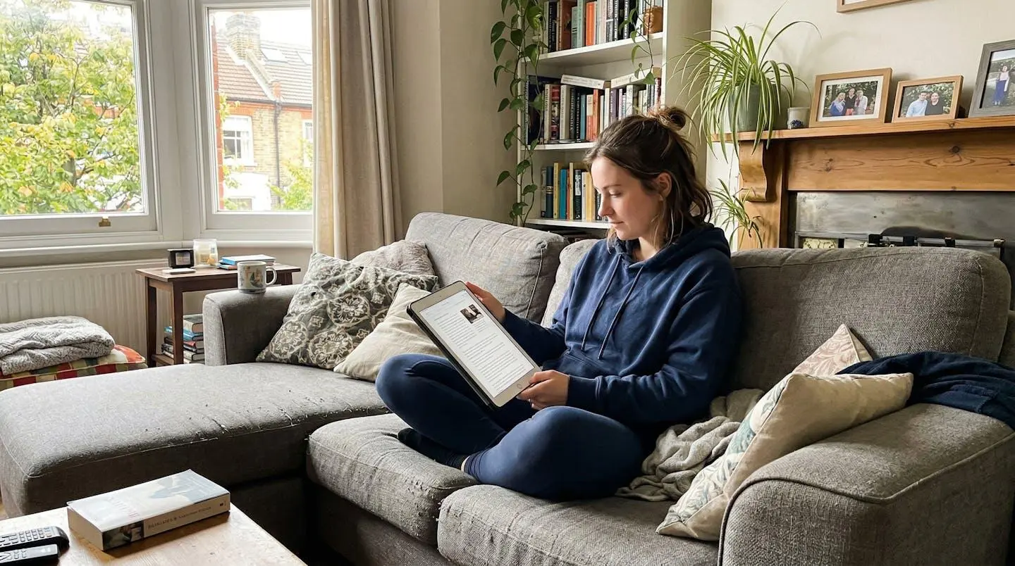 A woman sits on a sofa with a tablet, reading intently in natural daylight from a nearby window