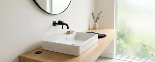 Modern bathroom with matte black faucet and touchless sensor in a bright Ontario renovation