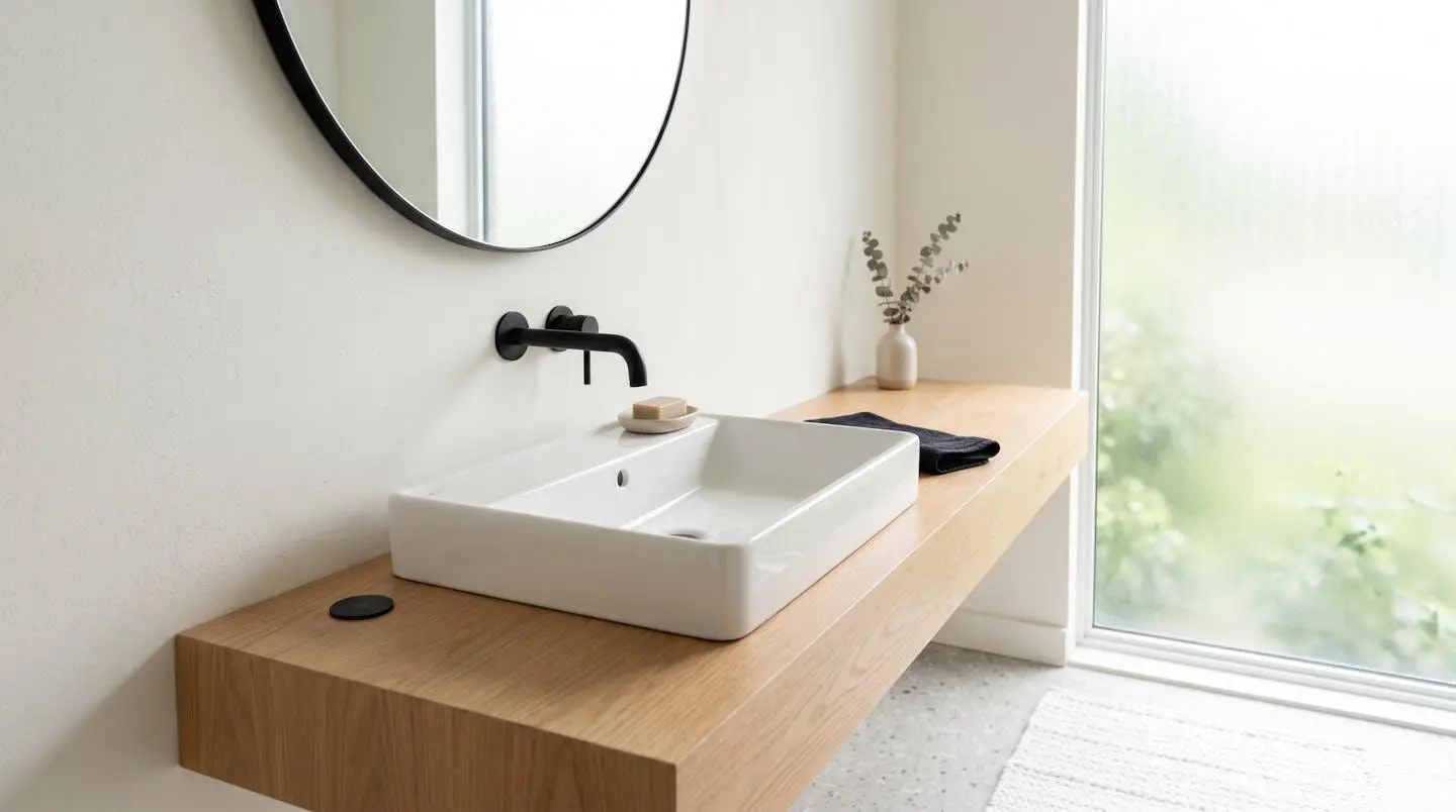 Modern bathroom with matte black faucet and touchless sensor in a bright Ontario renovation