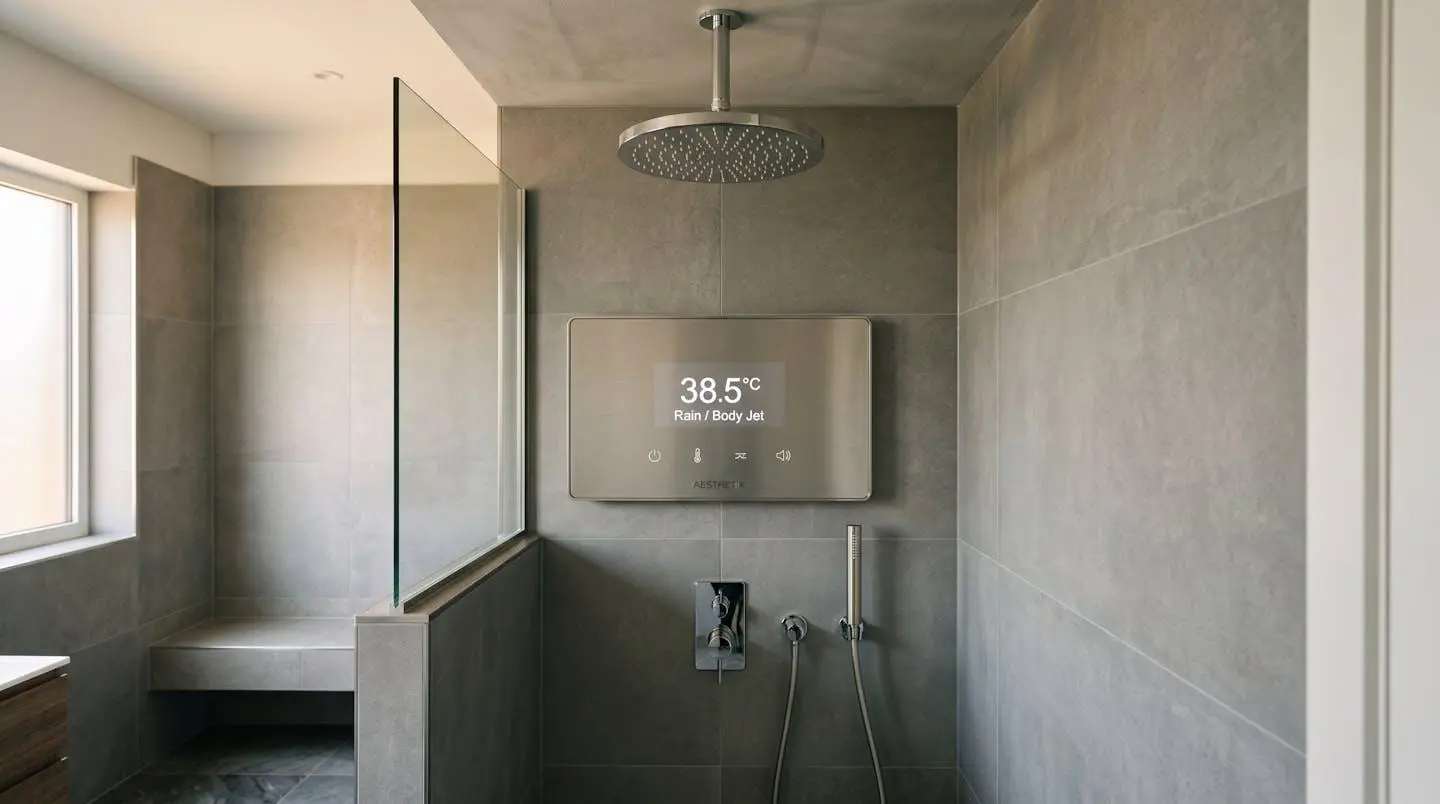 Digital smart shower controller panel on tiled bathroom wall with rainfall showerhead visible