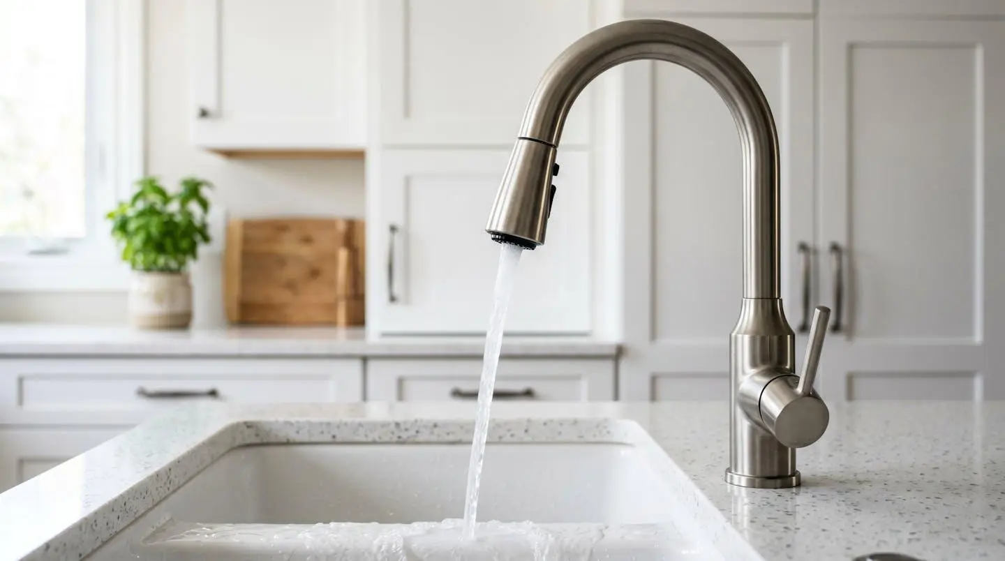Close-up of a brushed nickel low-flow kitchen faucet with aerator in a contemporary Ontario kitchen