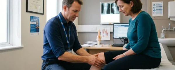 Orthopaedic surgeon examining patient's knee during consultation in modern UK medical office, with surgeon's hands assessing knee joint while patient seated on examination table