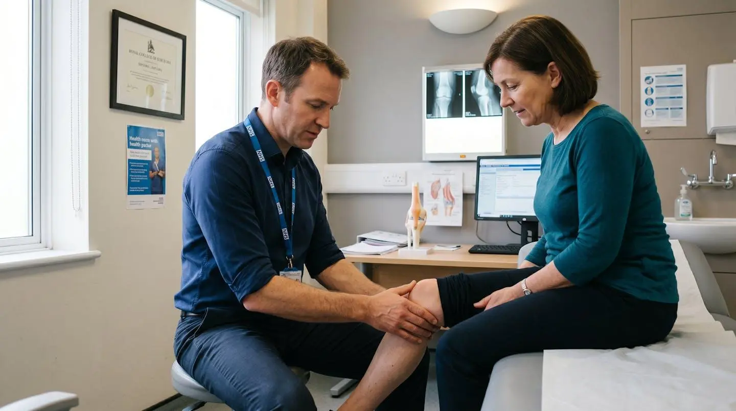 Orthopaedic surgeon examining patient's knee during consultation in modern UK medical office, with surgeon's hands assessing knee joint while patient seated on examination table