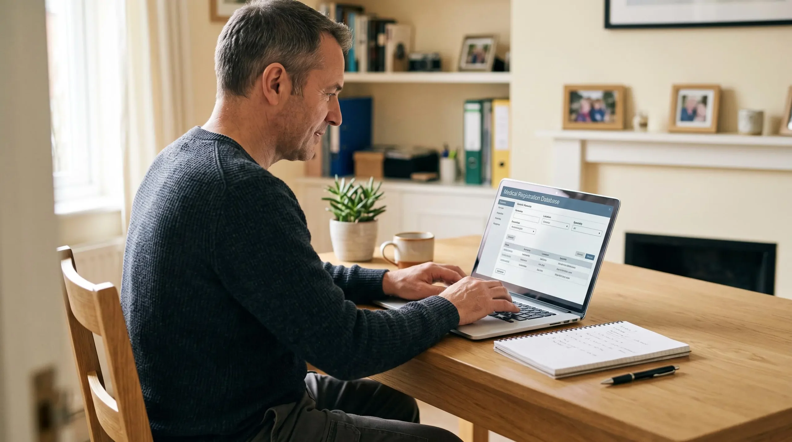 Person using laptop to check surgeon credentials on medical register website at home desk, with notepad for recording verification details