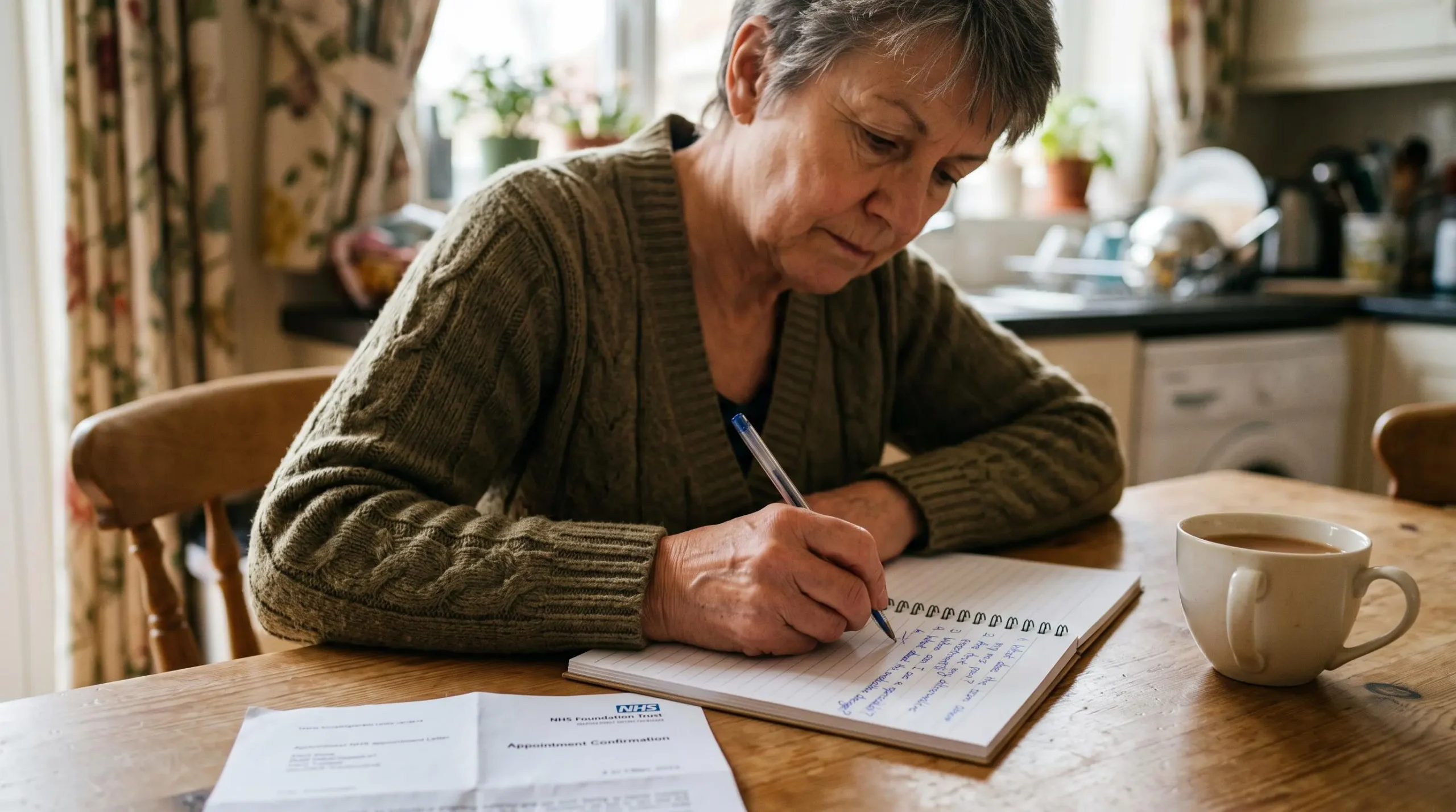 Person writing list of questions in notebook at home table in preparation for knee surgeon consultation, with NHS appointment letter nearby